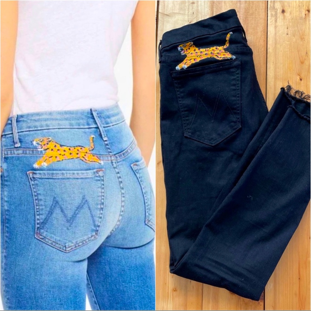 MOTHER High Waist Looker Jeans with Leopard BLACK